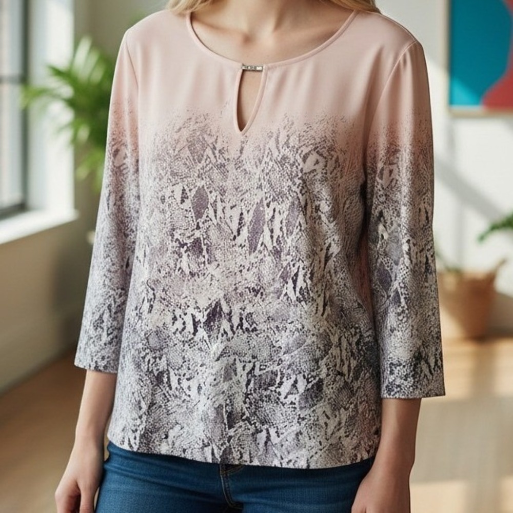 Calvin Klein Snakeskin Ombre Keyhole Blouse 3/4 Sleeves Pink XL
